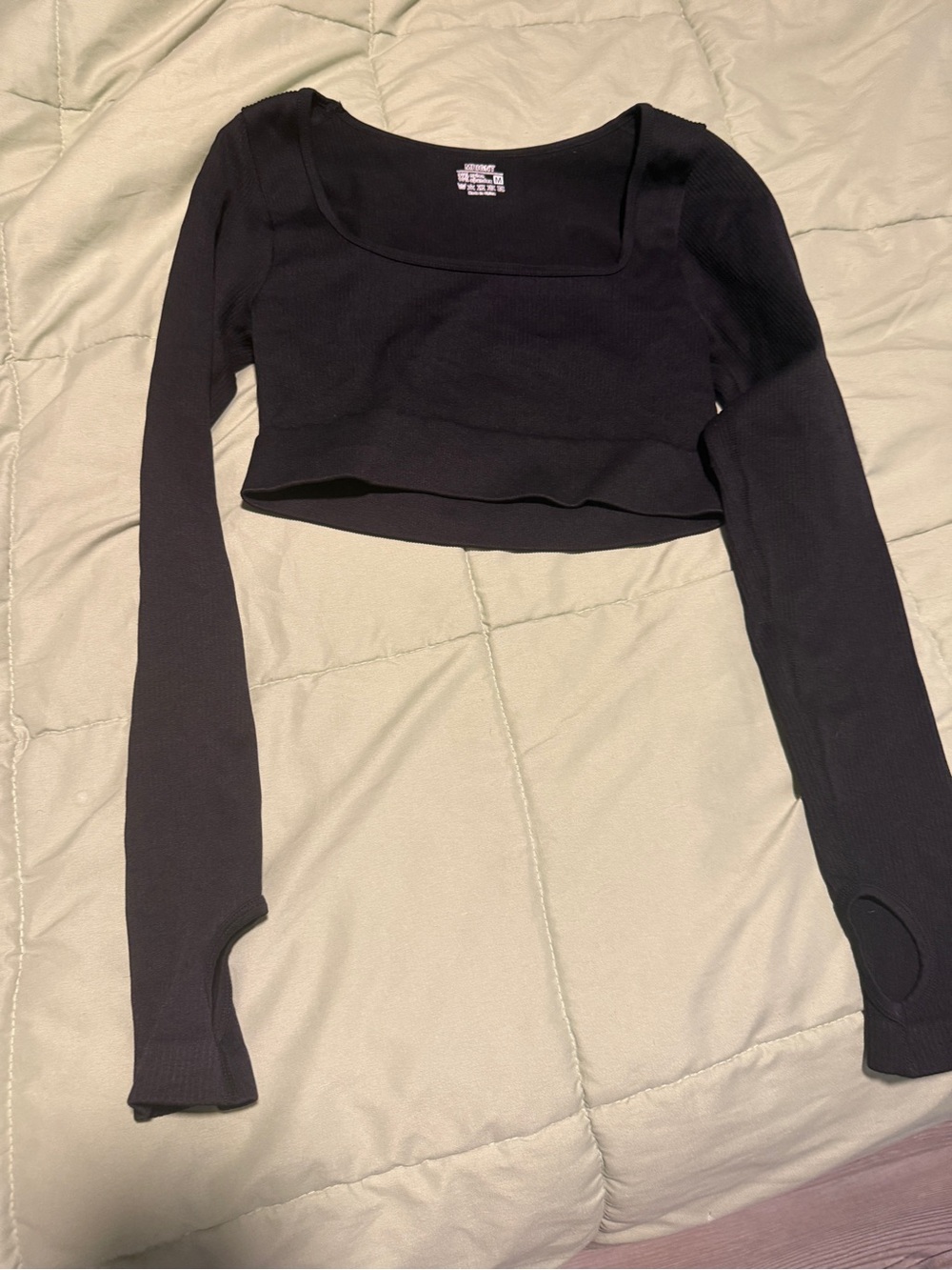 Black Ribbed Long-Sleeve Cropped Square-Neck Top